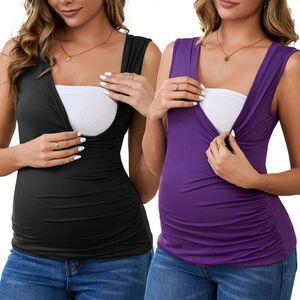 2-Pack Nursing Tank Wrap Ruched Breastfeeding Maternity Tops Black&Purple
